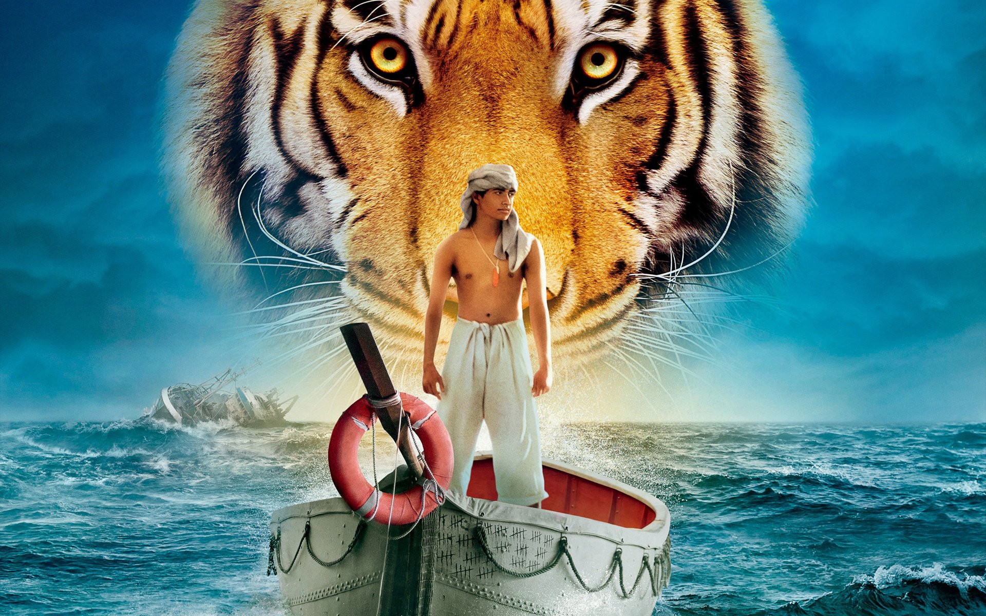 жизнь пи тигр парень лодка море вода корабль человек