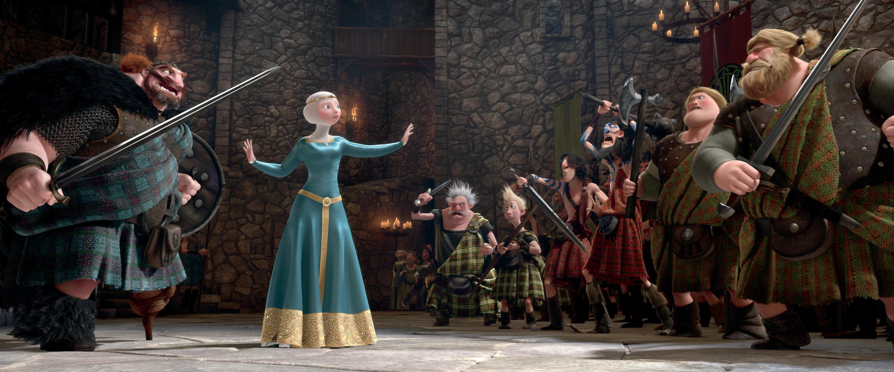 фильм дисней pixar шотландия король королева принцесса варвары мерида красные волосы храбрая сердцем мультфильм пиксар лучница воины шотландцы замок свечи собрание
