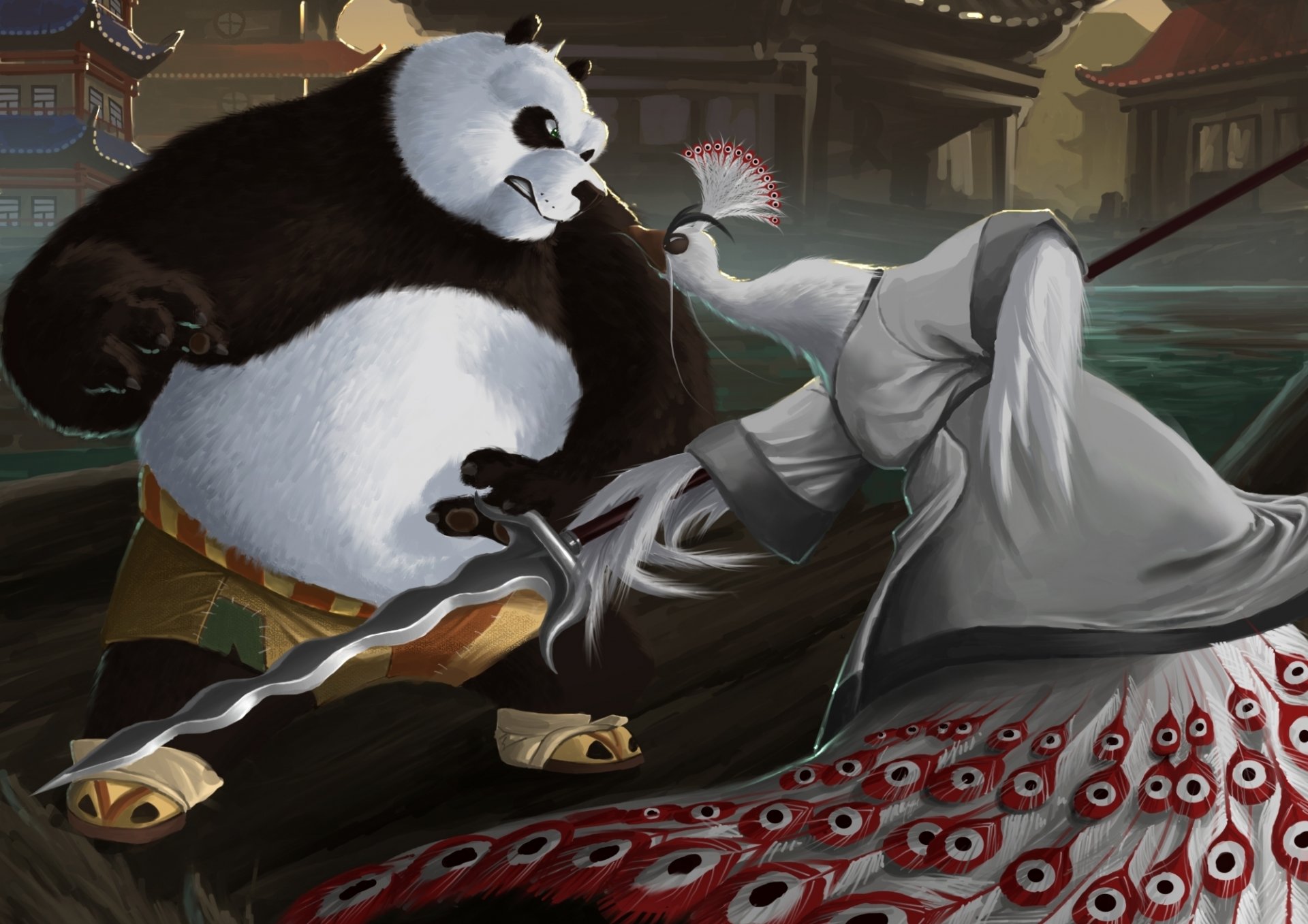 арт karuma9 кунг -фу панда ро господин шэнь панда павлин птица азия ярость копье оружие