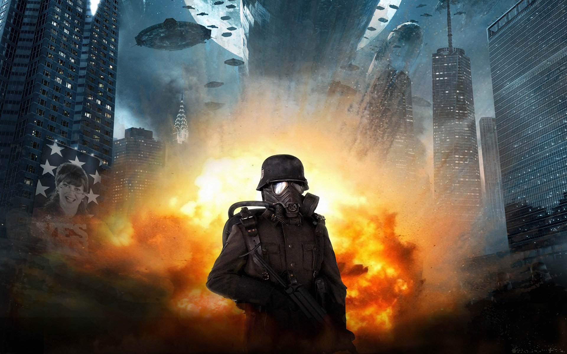 железное небо iron sky солдат автомат огонь взрыв небоскребы нло