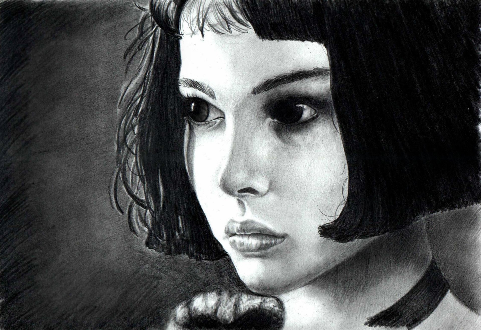 леон натали портман рисунок девочка матильда черно белое волосы взгляд глаза актриса портрет