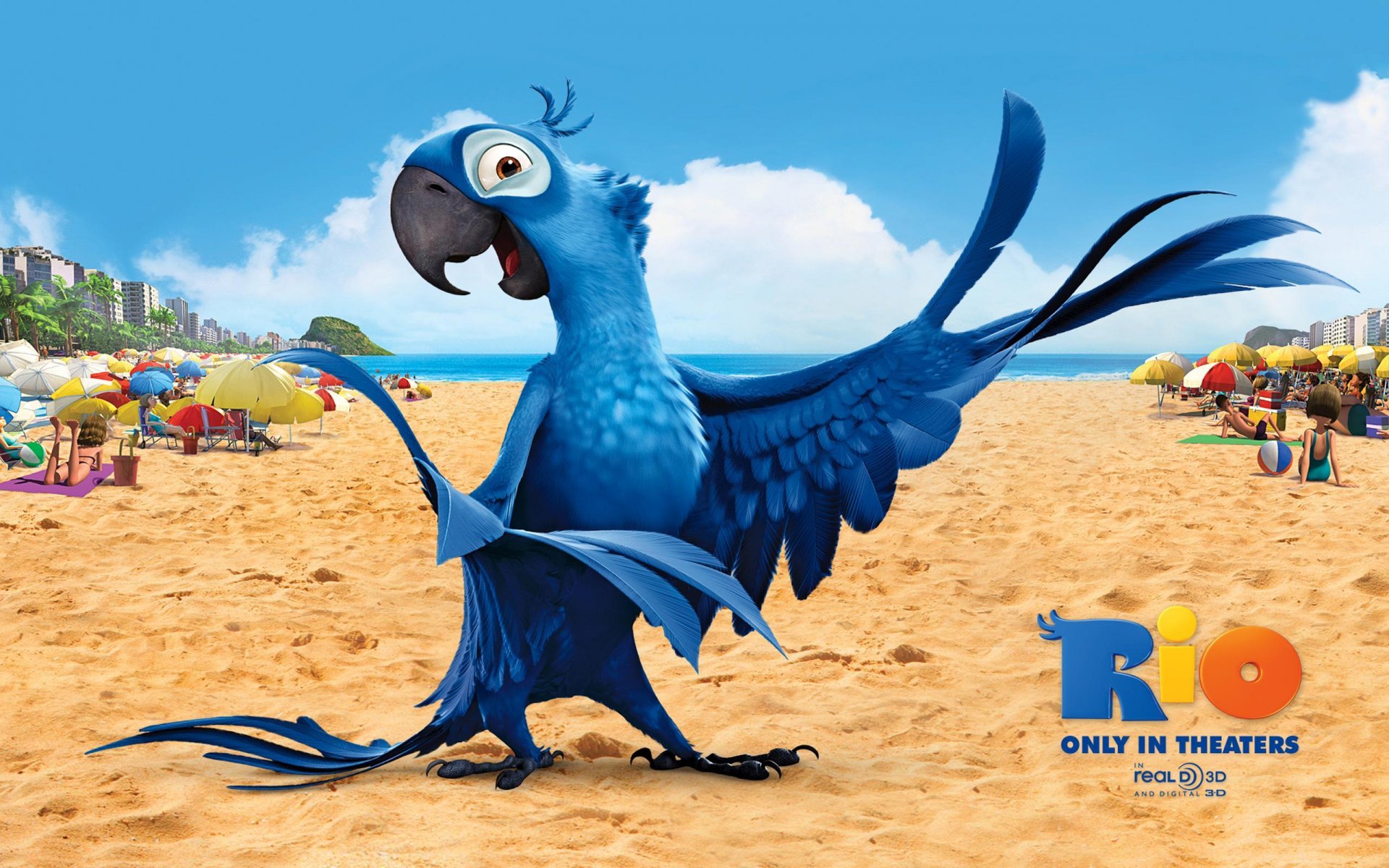 мультфильм рио рио-де-жанейро птица попугай голубой ара голубчик перья крылья клюв пляж песок ярко красочно