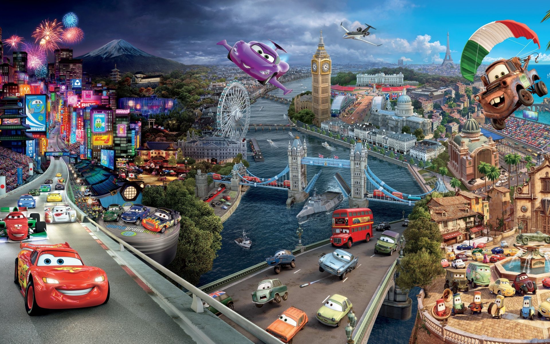 мультфильм тачки 2 город машины дома дороги мосты автомобили 2 молния pixar