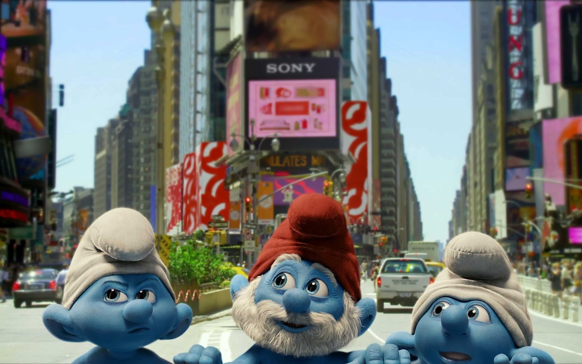 смурфы смурфики smurfs город нью-йорк улицы гномики колпаки смотрят