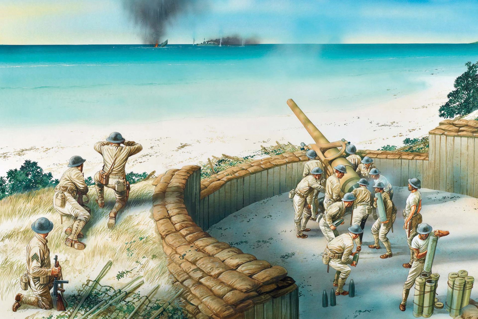 арт солдаты береговая артиллерия ведет огонь по противнику остров уэйк 1941г. атолл расположенный в северной части тихого океана океания на середине пути между гавайскими островами и островом гуам ww2