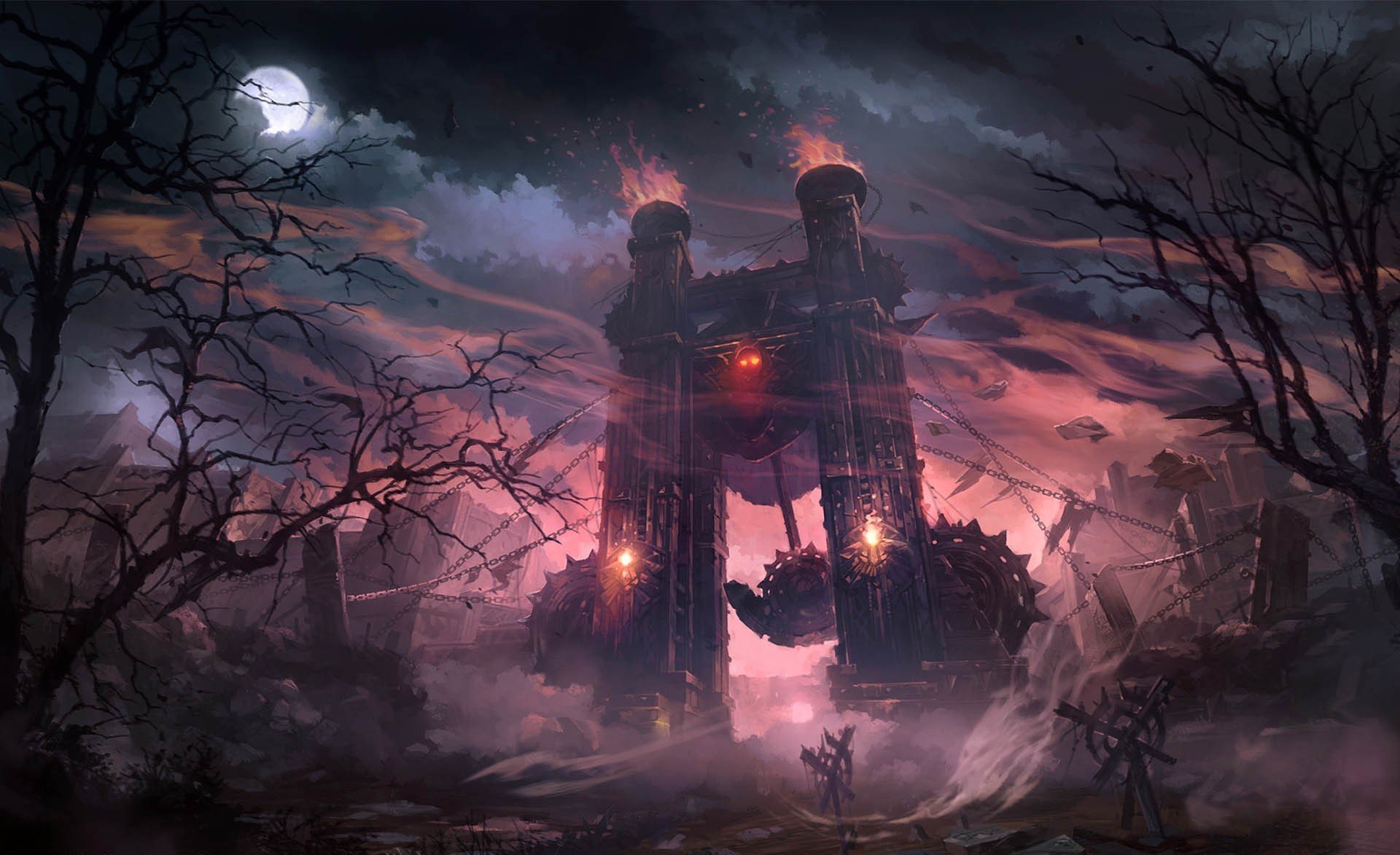 lineage 2 богиня разрушения мрачно деревья луна механизм арка колонны цепи
