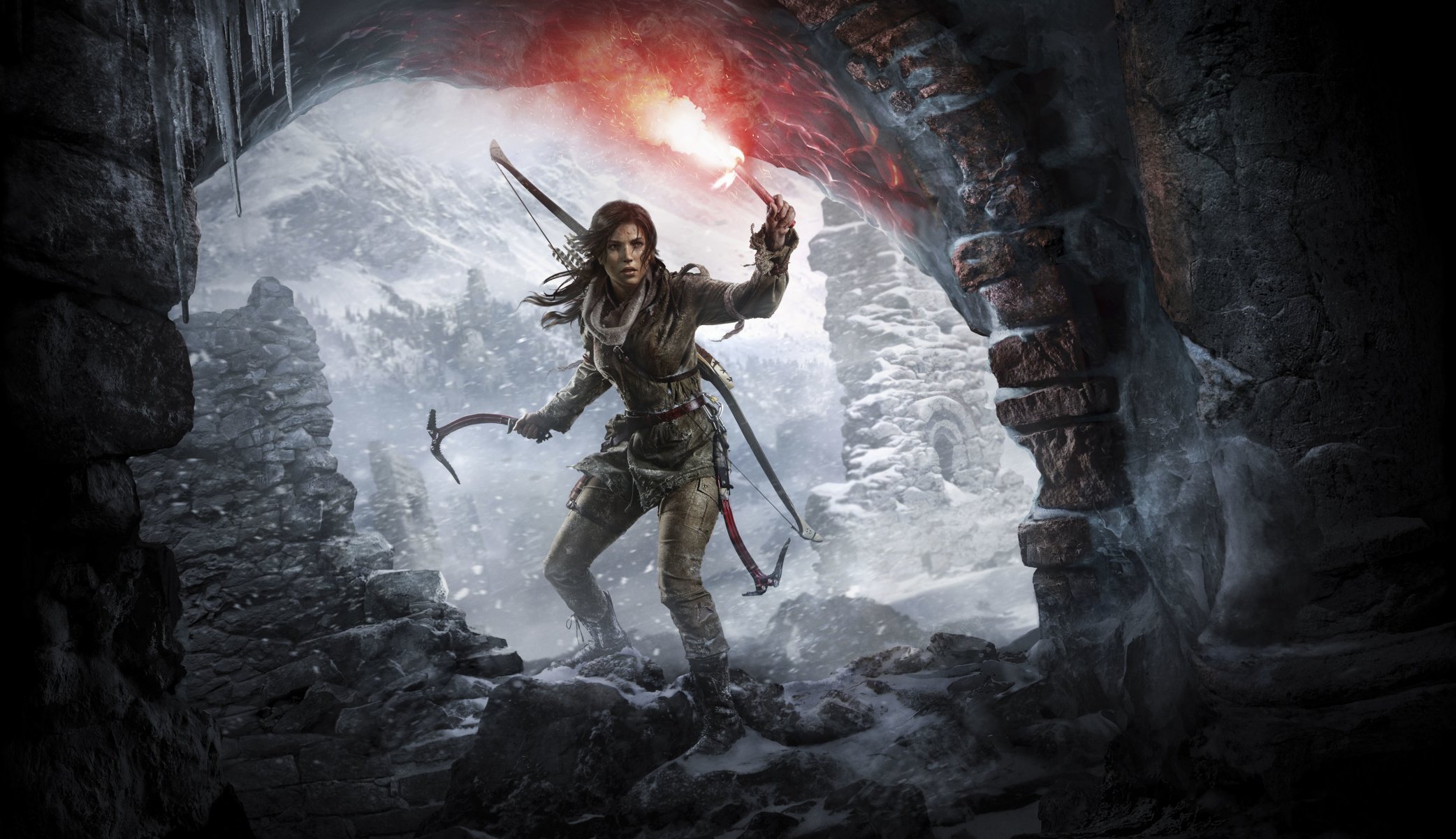 возвышение : tomb raider лара крофт арт горы снег ледоруб лук девушка факел печера