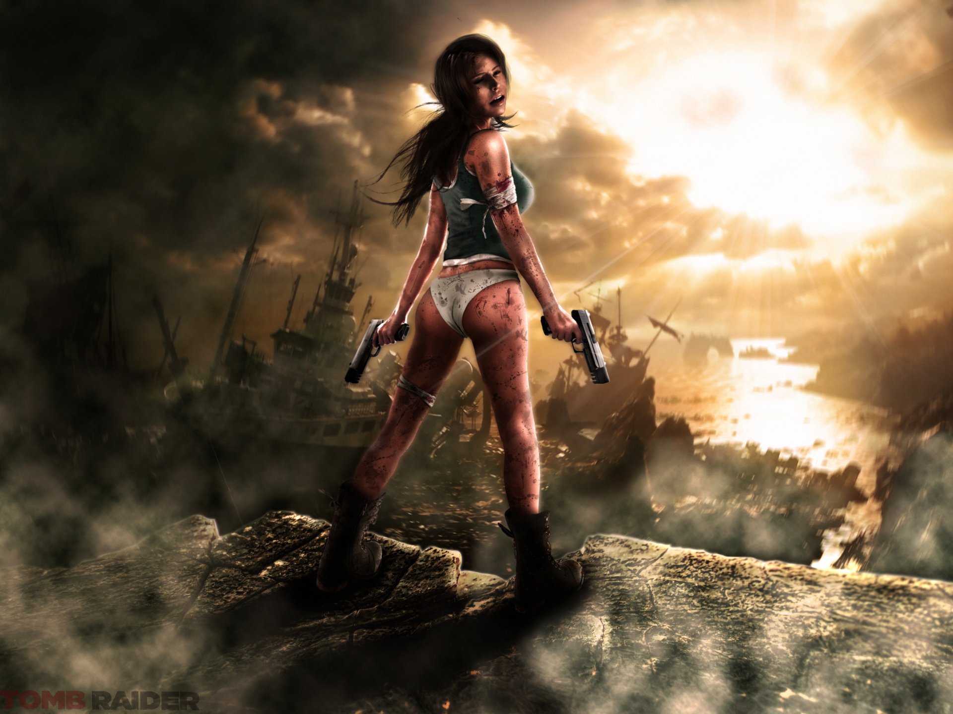 tomb raider лара крофт девушка пистолеты повязки кровь камни корабли тучи лучи