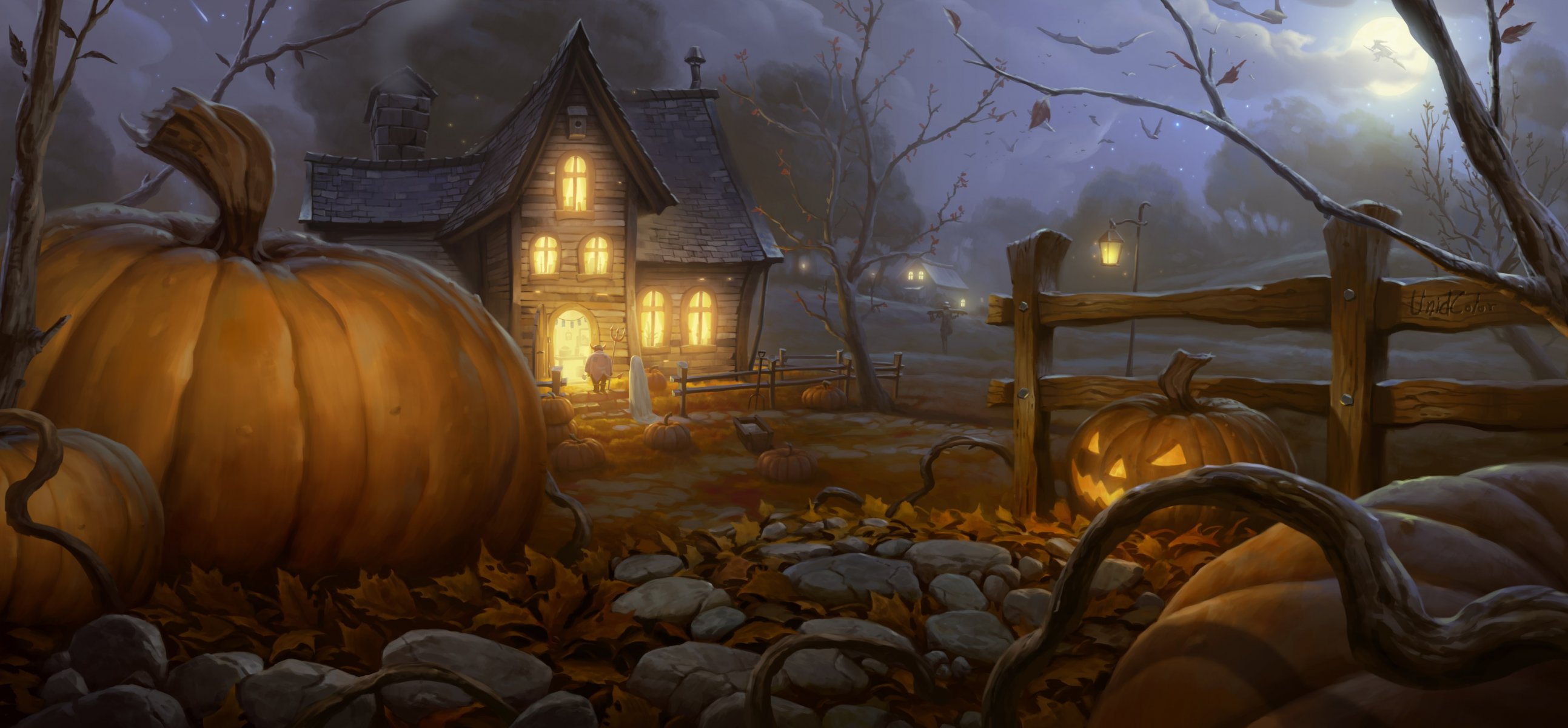 арт хэллоуин тыква дом ночь огород гость огни