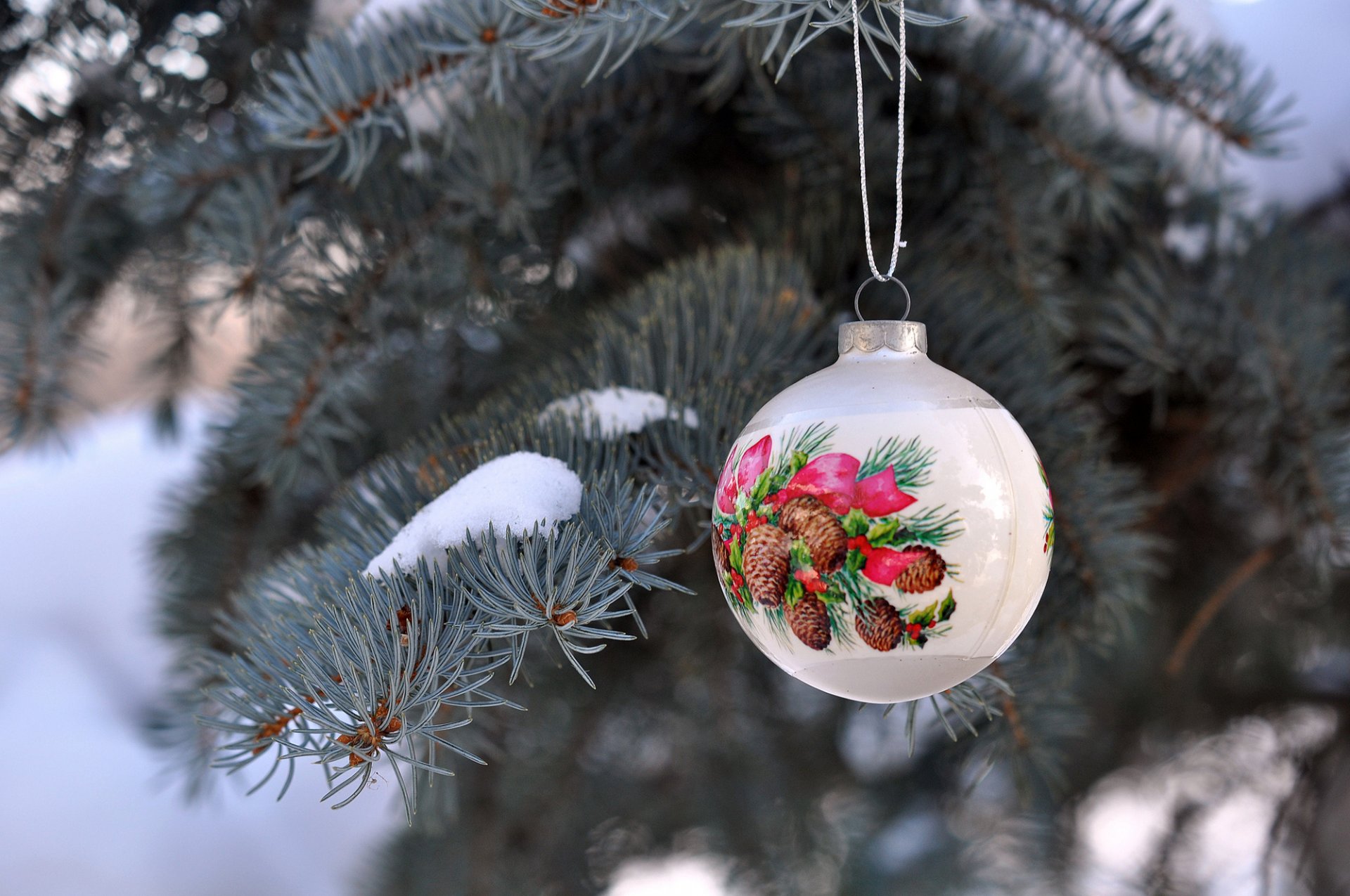 шар белый рисунок игрушка елочная ветки ель иголки снег зима новый год рождество праздники