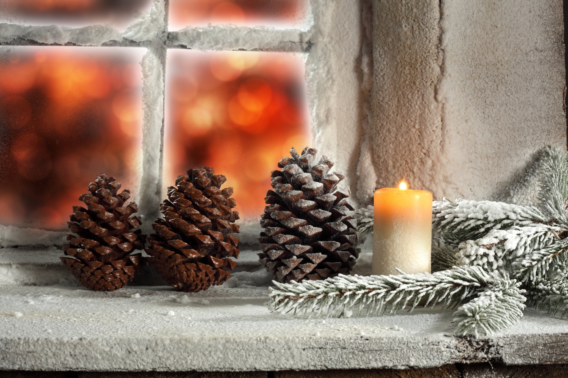 праздники рождество еловую шишку снег свеча окно свет зима счастливого рождества ель конуса свечи зимние