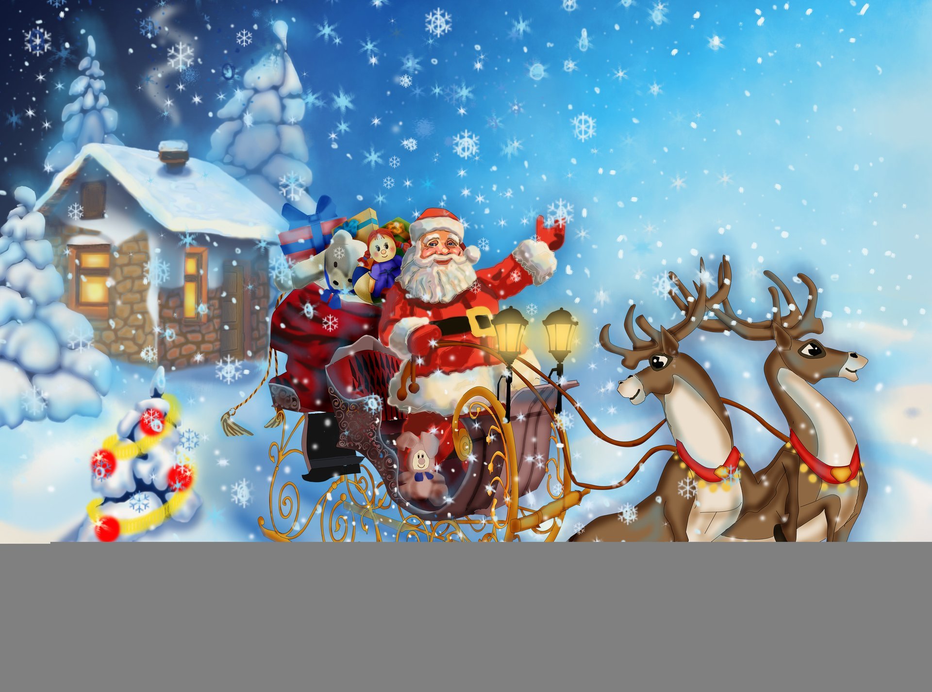 санта клаус приходит счастливого рождества рождественская елка новый год снег дом олени санта санях подарки игрушки санта-клаус приходит с рождеством христовым елка северный олень