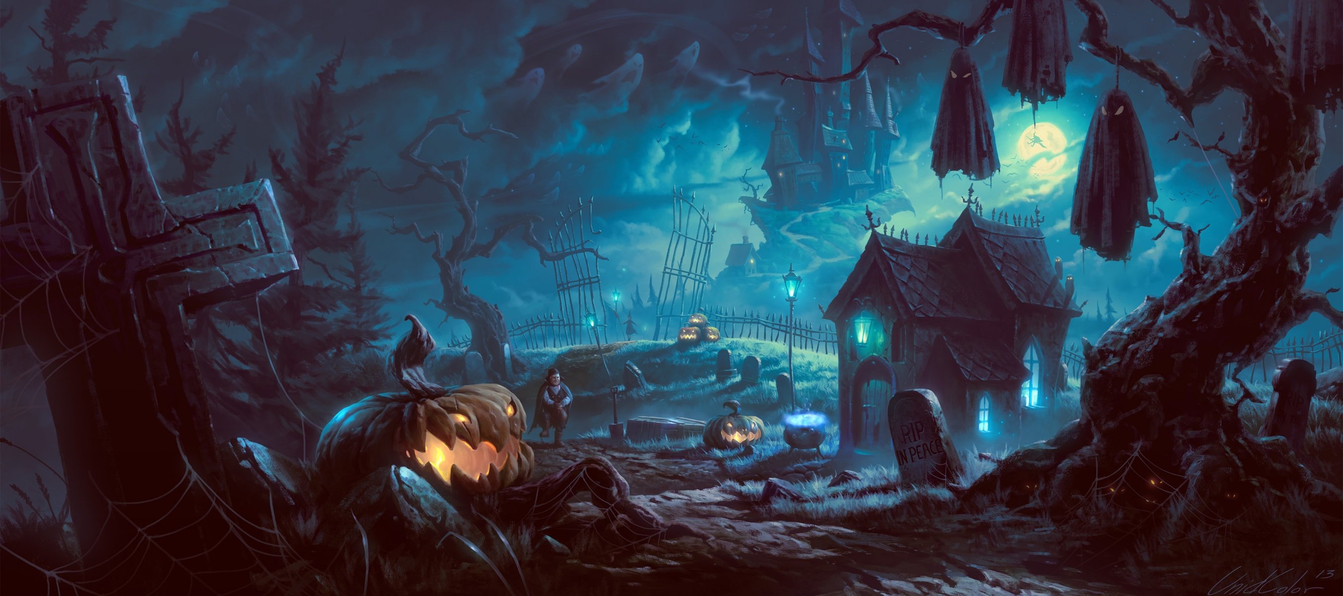 арт хэллоуин ночь деревья вампир тыква летучие мыши дерево замок дом мрачно фонари луна могилы