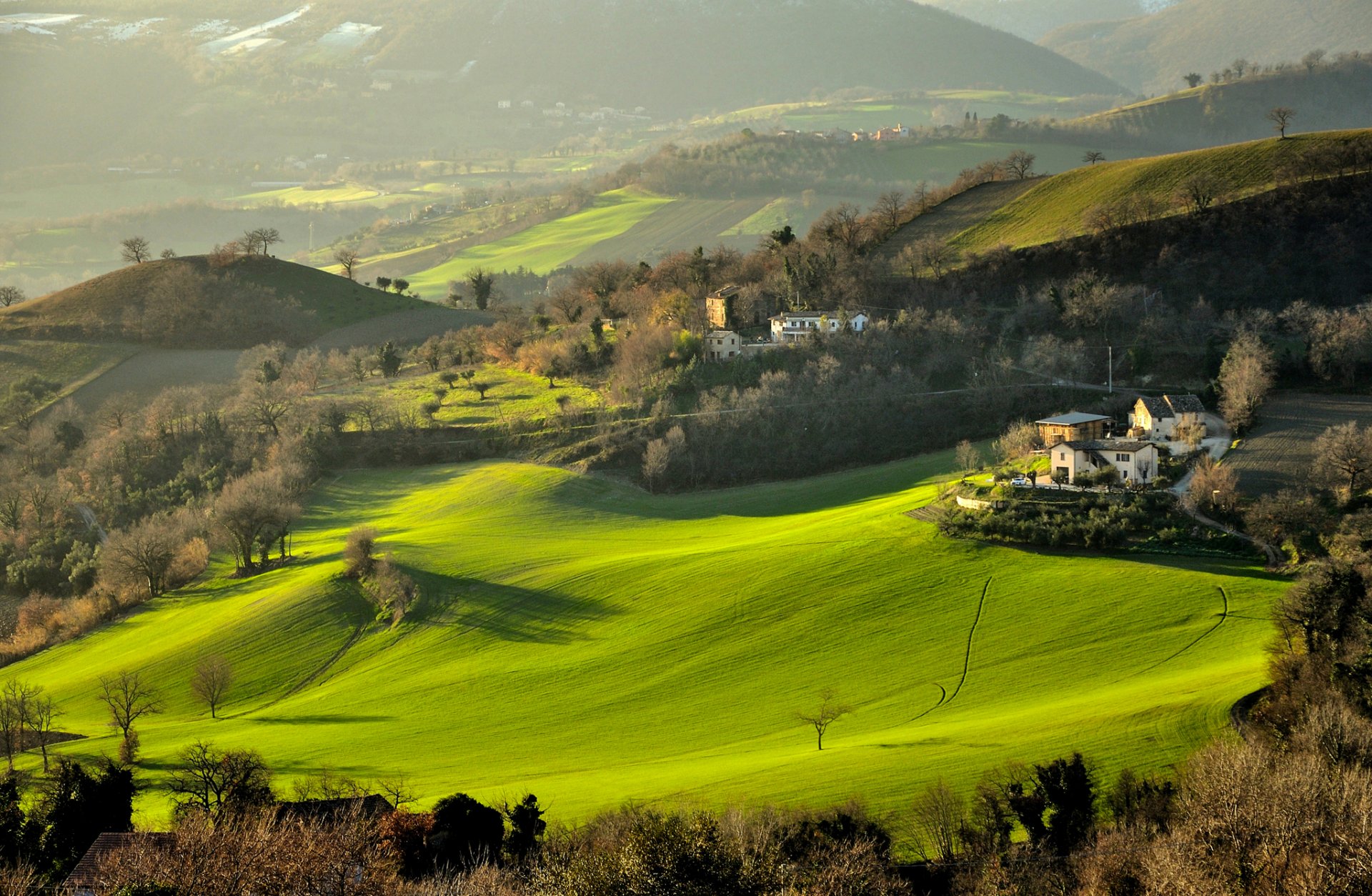 италия горы холмы поля трава деревья дома