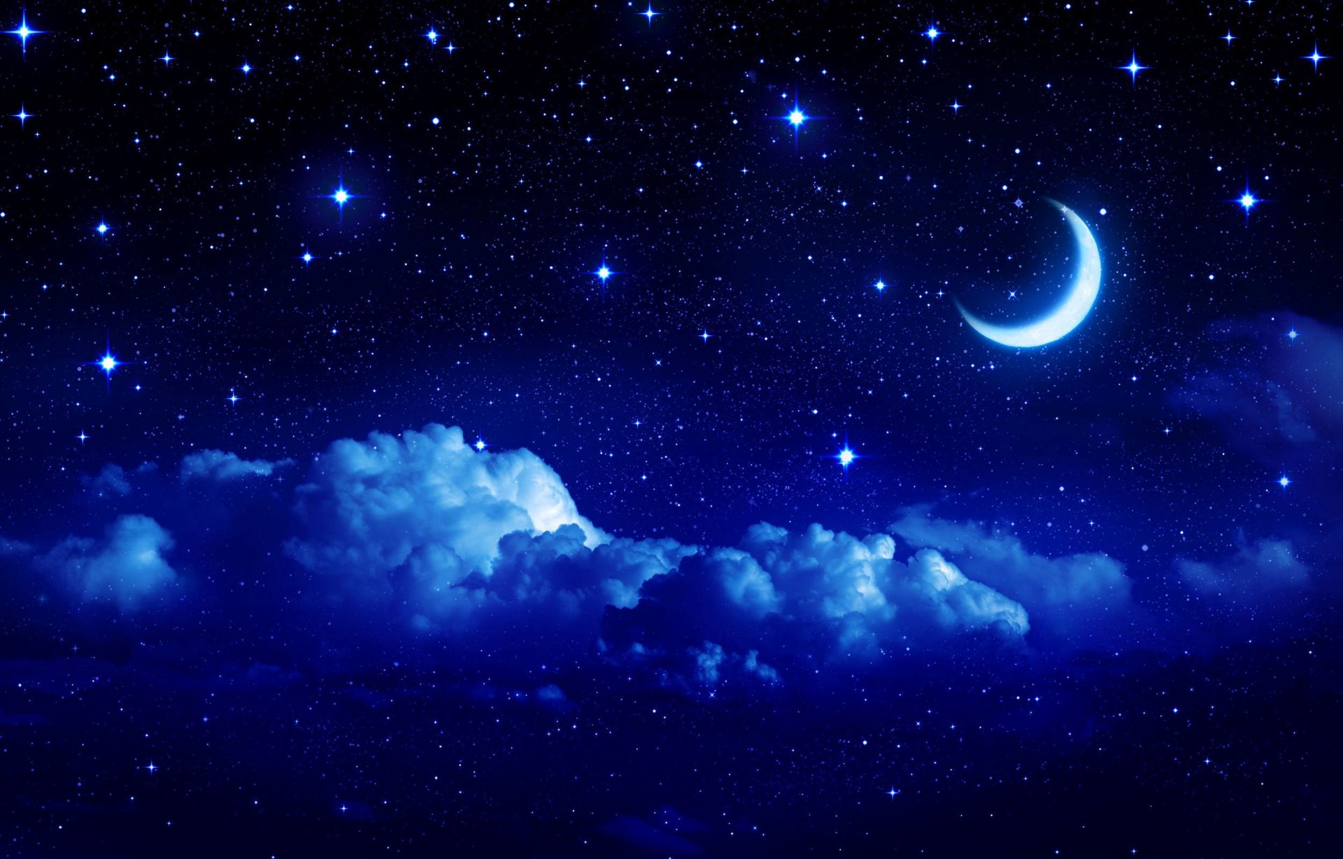 пейзаж звезды небо луна месяц полумесяц облако облака ночь сказка фон обои широкоформатные полноэкранные широкоэкранные широкоформатный