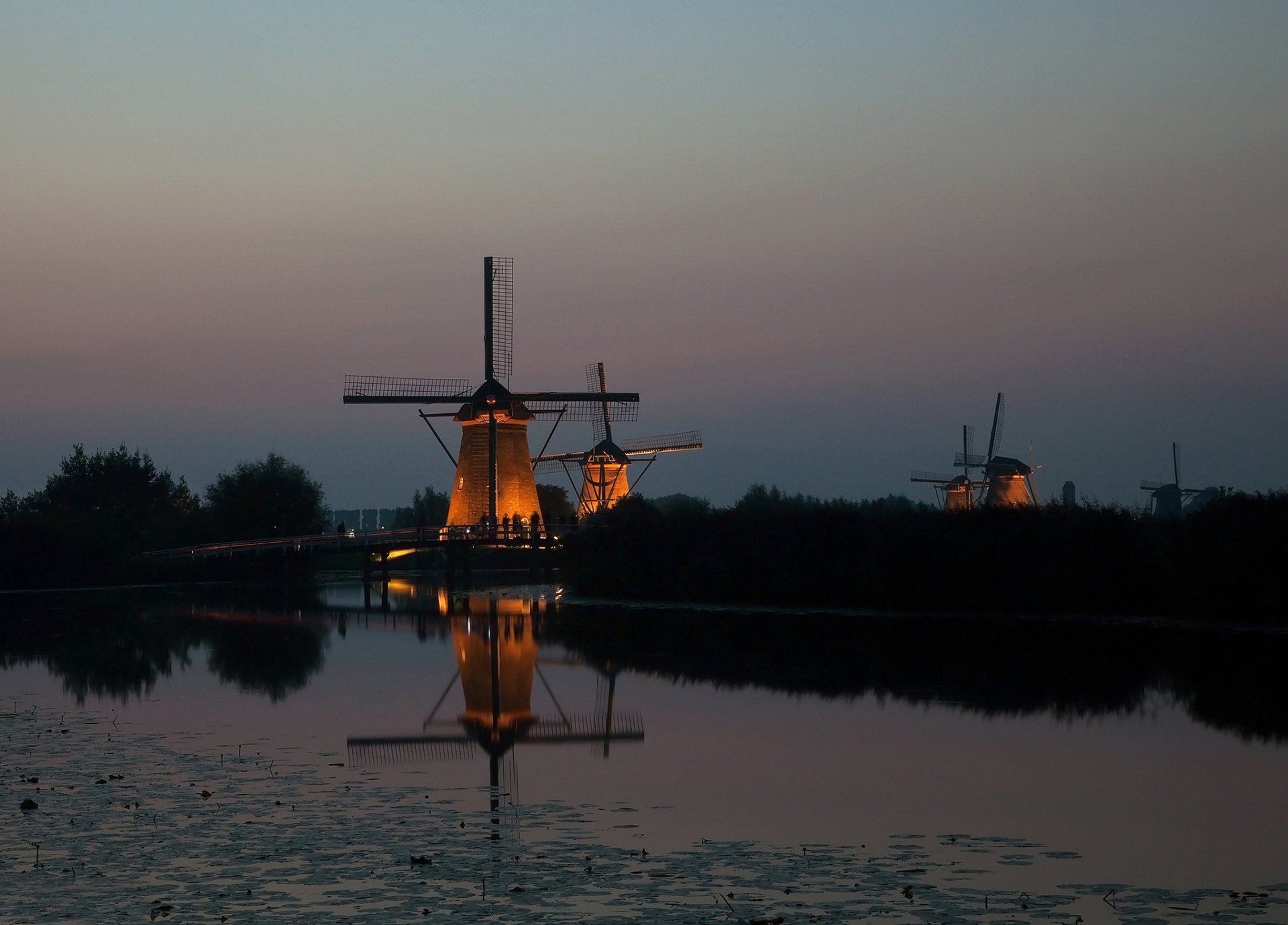 нидерланды киндердейк мельницы ветряные вечер сумерки