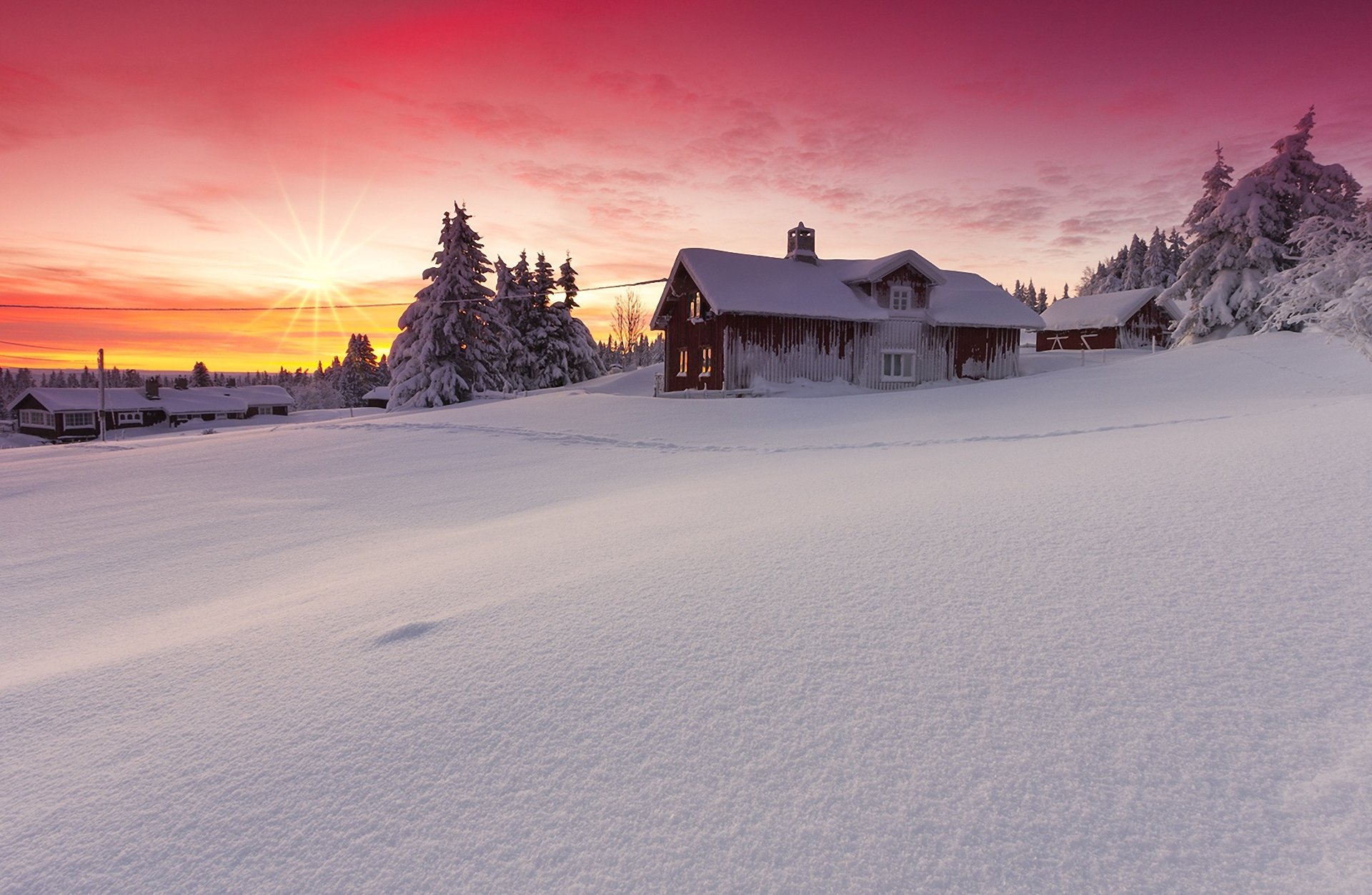 снег зима деревня рассвет скачать