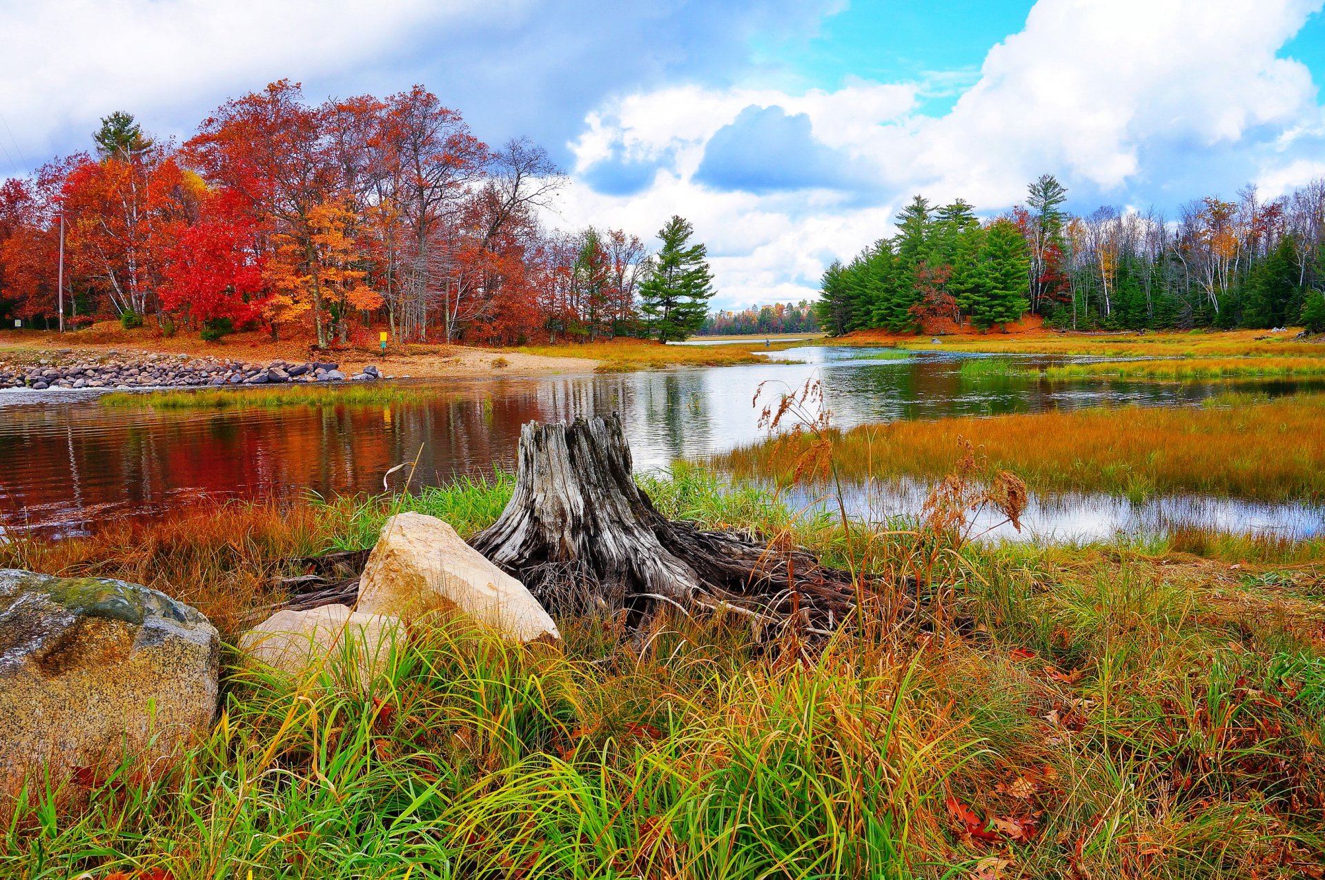 осень пейзаж река камни трава природа фото